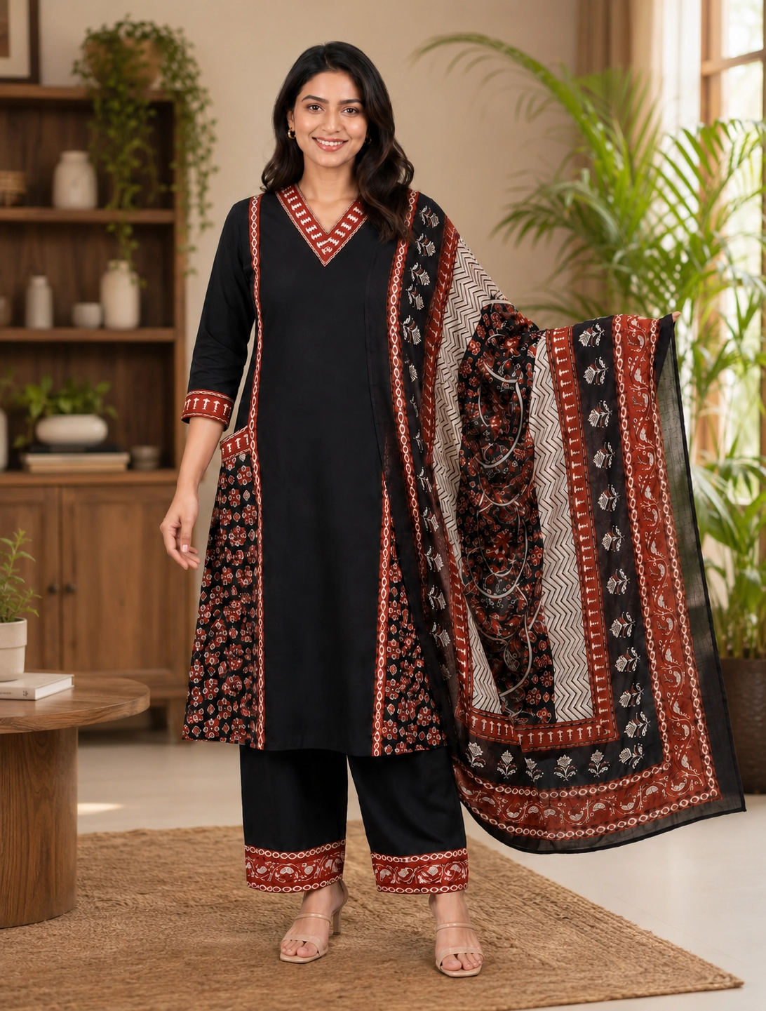 bhavini-black-rust-printed-salwar-suit-dupatta-front-view-indoor-ethnic-wear