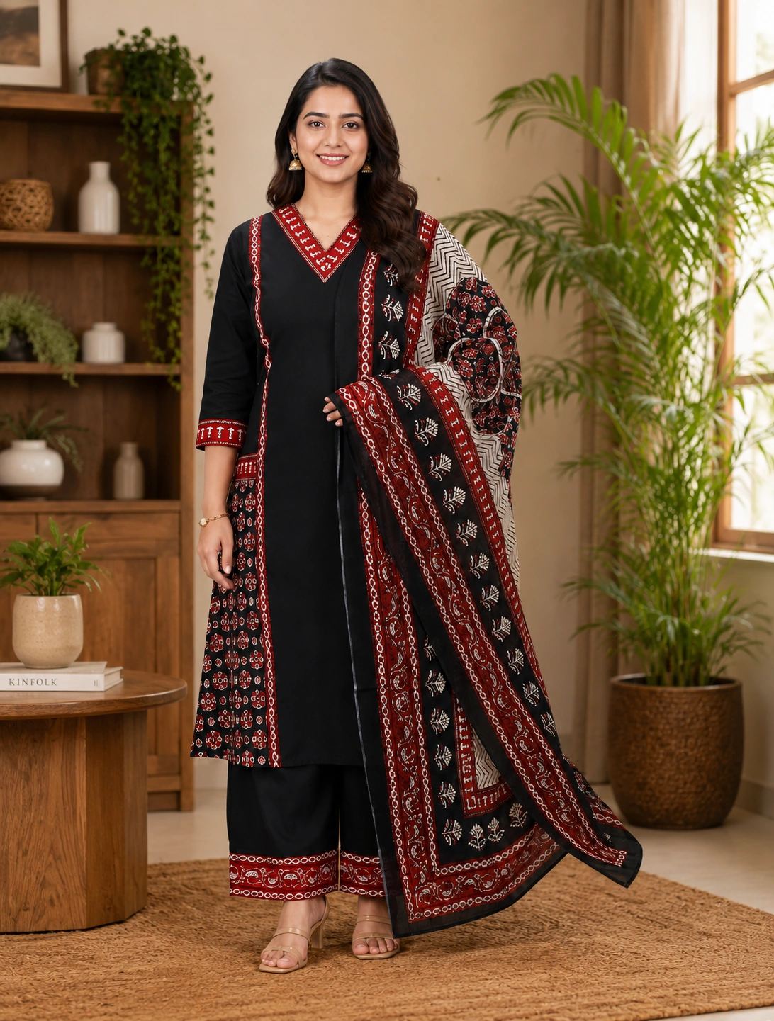 bhavini-black-rust-printed-salwar-suit-dupatta-front-view-indoor-festive-ethnic-wear