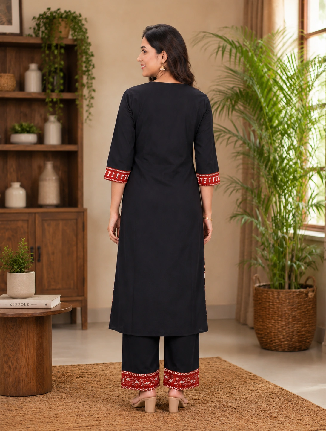 bhavini-black-rust-solid-kurta-set-back-view-indoor-ethnic-wear