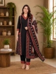Black & Maroon Printed Kurta Pant Dupatta Set for Women | Ethnic Pure Cotton Suit