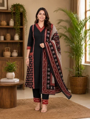Black & Maroon Printed Kurta Pant Dupatta Set for Women | Ethnic Pure Cotton Suit