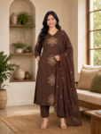bhavini–chocolate-brown–beige-embroidered–kurta-set–floral-motif–front-view–cozy-home-interior–ethnic-occasion