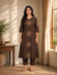 bhavini–chocolate-brown–beige-embroidered–kurta-set–floral-motif–front-view–cozy-home-interior–ethnic-occasion