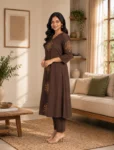 bhavini–chocolate-brown–beige-embroidered–kurta-set–floral-motif–front-view–cozy-home-interior–ethnic-occasion
