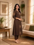 bhavini–chocolate-brown–beige-embroidered–kurta-set–floral-motif–front-view–cozy-home-interior–ethnic-occasion