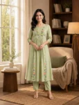 bhavini-sage-green-floral-printed-kurta-set-marble-print-dupatta-front-view-modern-gallery-casual-ethnicwear