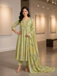 Pastel Green Hand-Painted Floral Pure Cotton 3-Piece Kurta Set