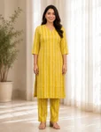 bhavini-yellow-white-striped-kurta-pant-set-front-view-indoor-lounge-casual-ethnic-wear