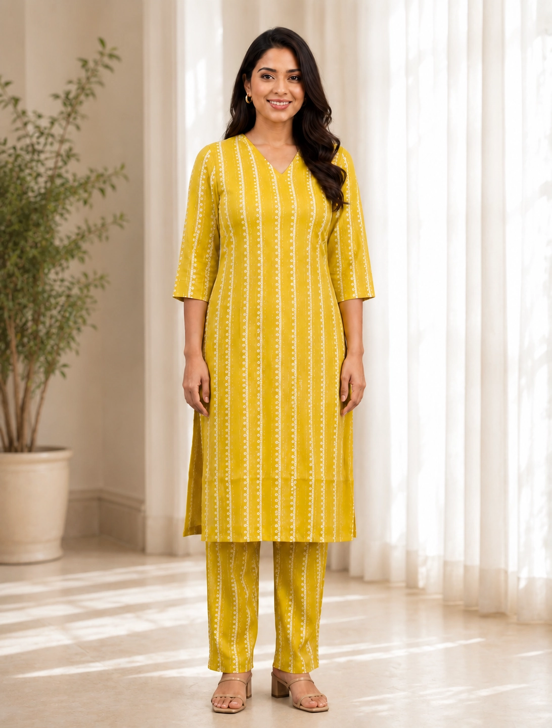 bhavini-yellow-white-striped-kurta-pant-set-front-view-indoor-casual-ethnic-wear