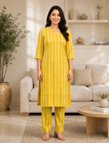 Mustard Yellow Printed Pure Cotton Kurta Pant Set for Women