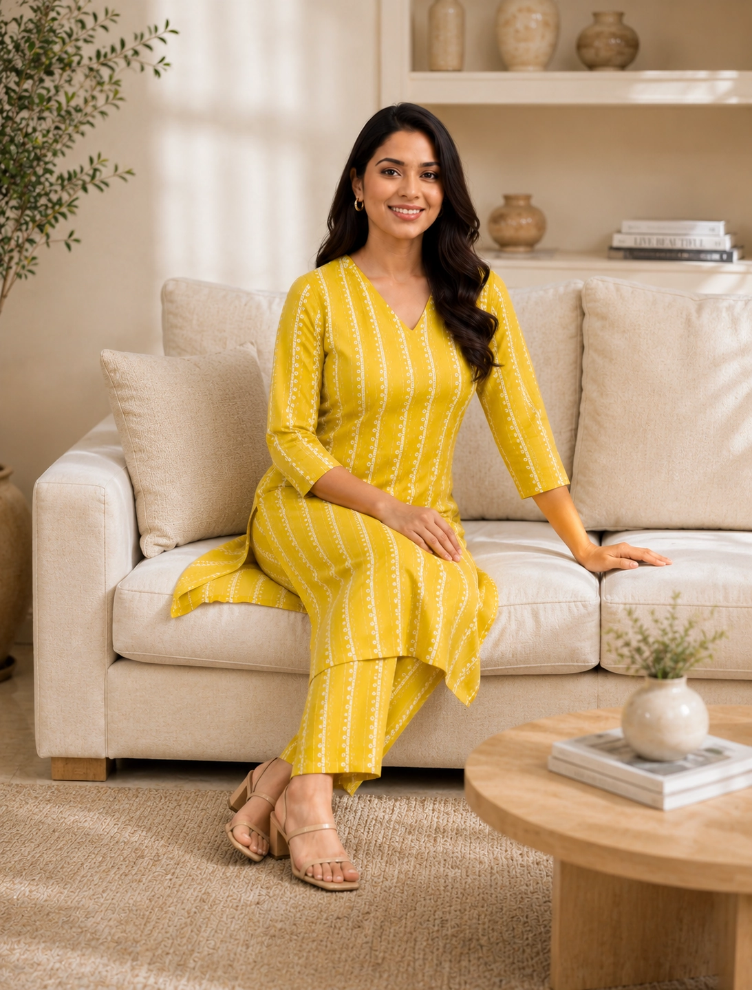 bhavini-yellow-white-striped-kurta-pant-set-seated-view-indoor-living-room-casual-ethnic-wear