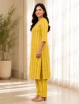 bhavini-yellow-white-striped-kurta-pant-set-front-view-indoor-lounge-casual-ethnic-wear