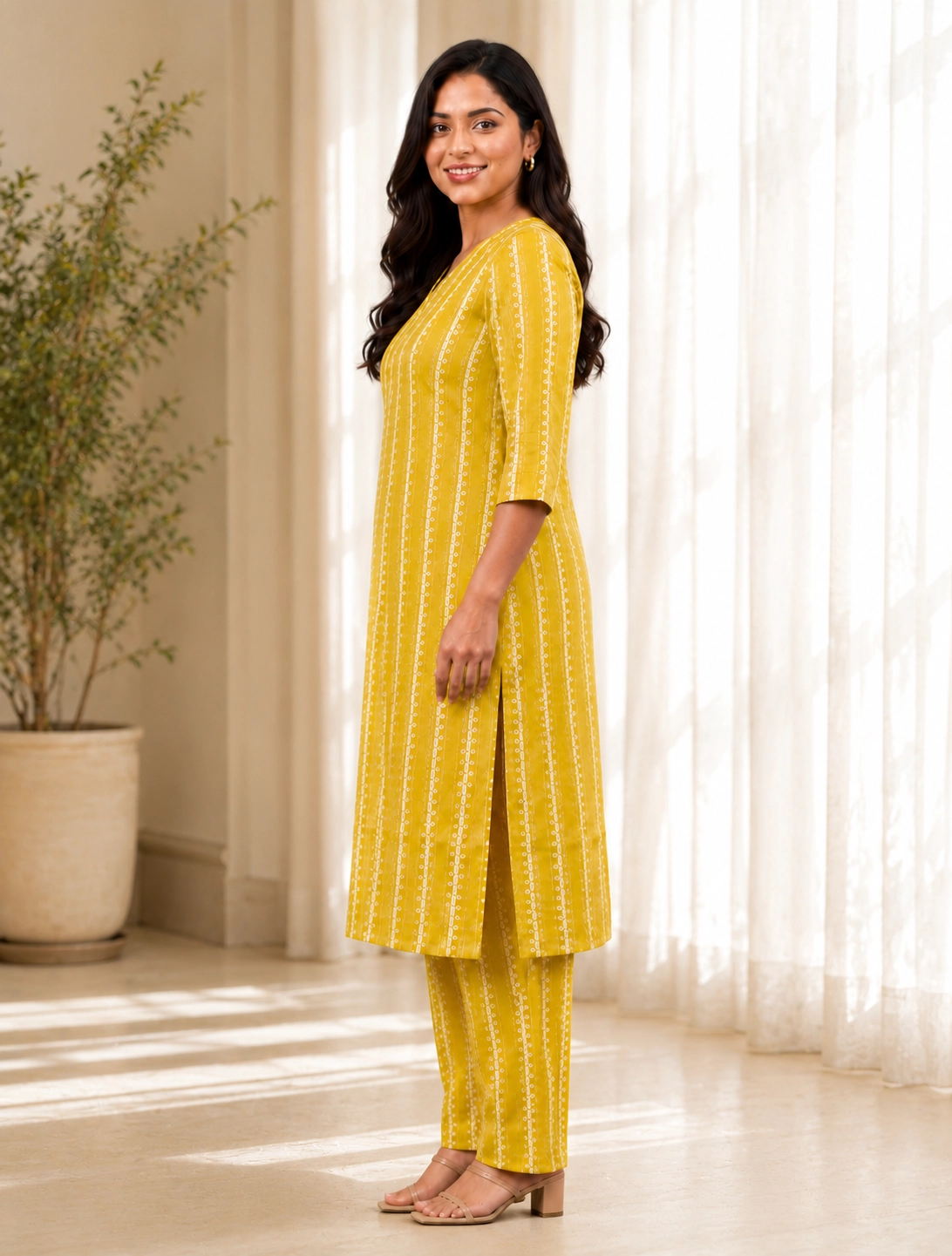bhavini-yellow-white-striped-kurta-pant-set-side-view-indoor-casual-ethnic-wear