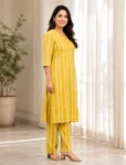 bhavini-yellow-white-striped-kurta-pant-set-front-view-indoor-lounge-casual-ethnic-wear