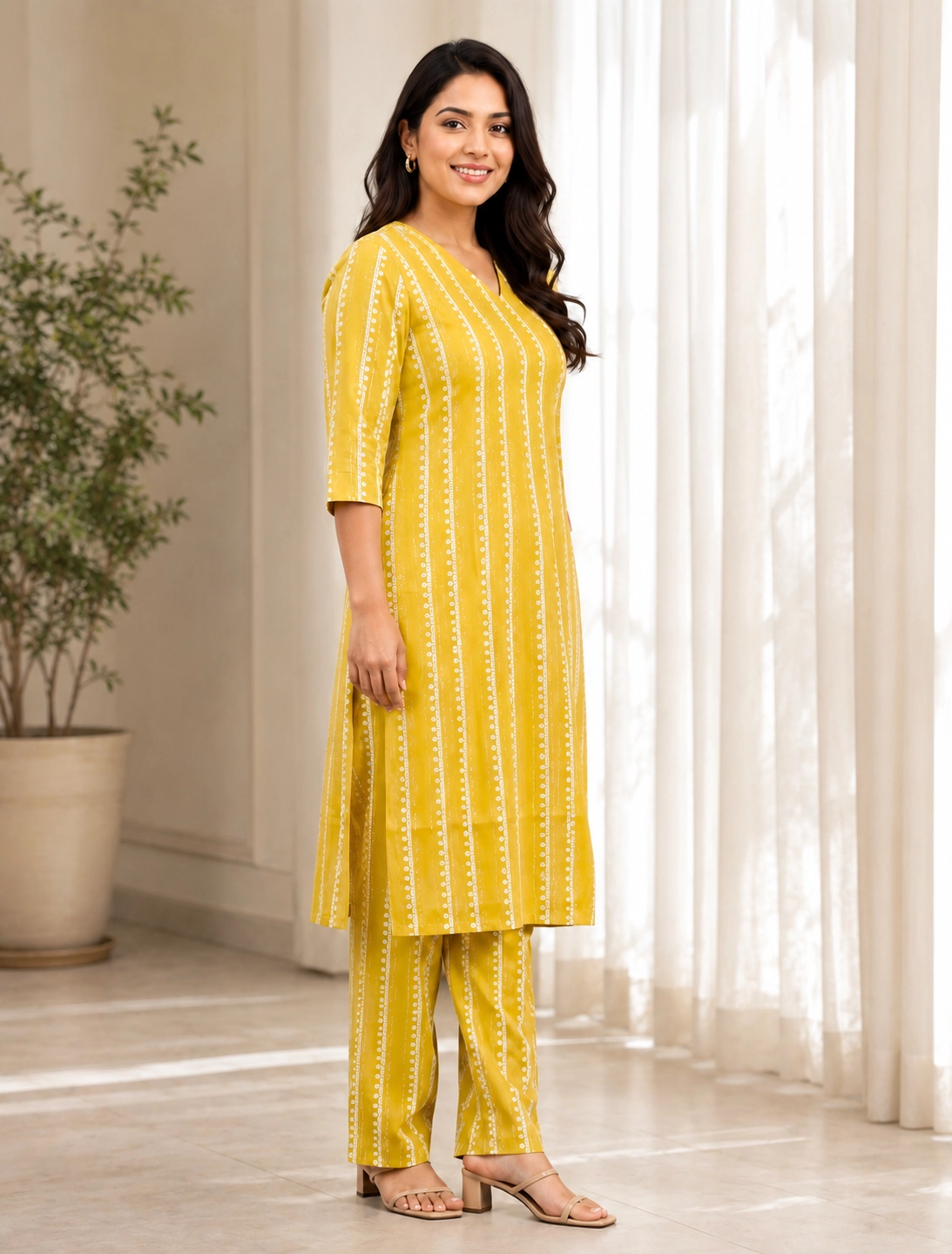 bhavini-yellow-white-striped-kurta-set-side-view-indoor-casual-ethnic-wear