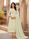 bhavini–Light-Yellow–Pink-Embroidered–Anarkali-Kurta-Set–Dupatta–Front-View–Heritage-Archway–Festive-Wear