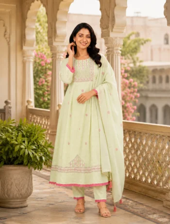 Pastel Green Cotton Schiffli Anarkali 3 Piece Suit Set for Women