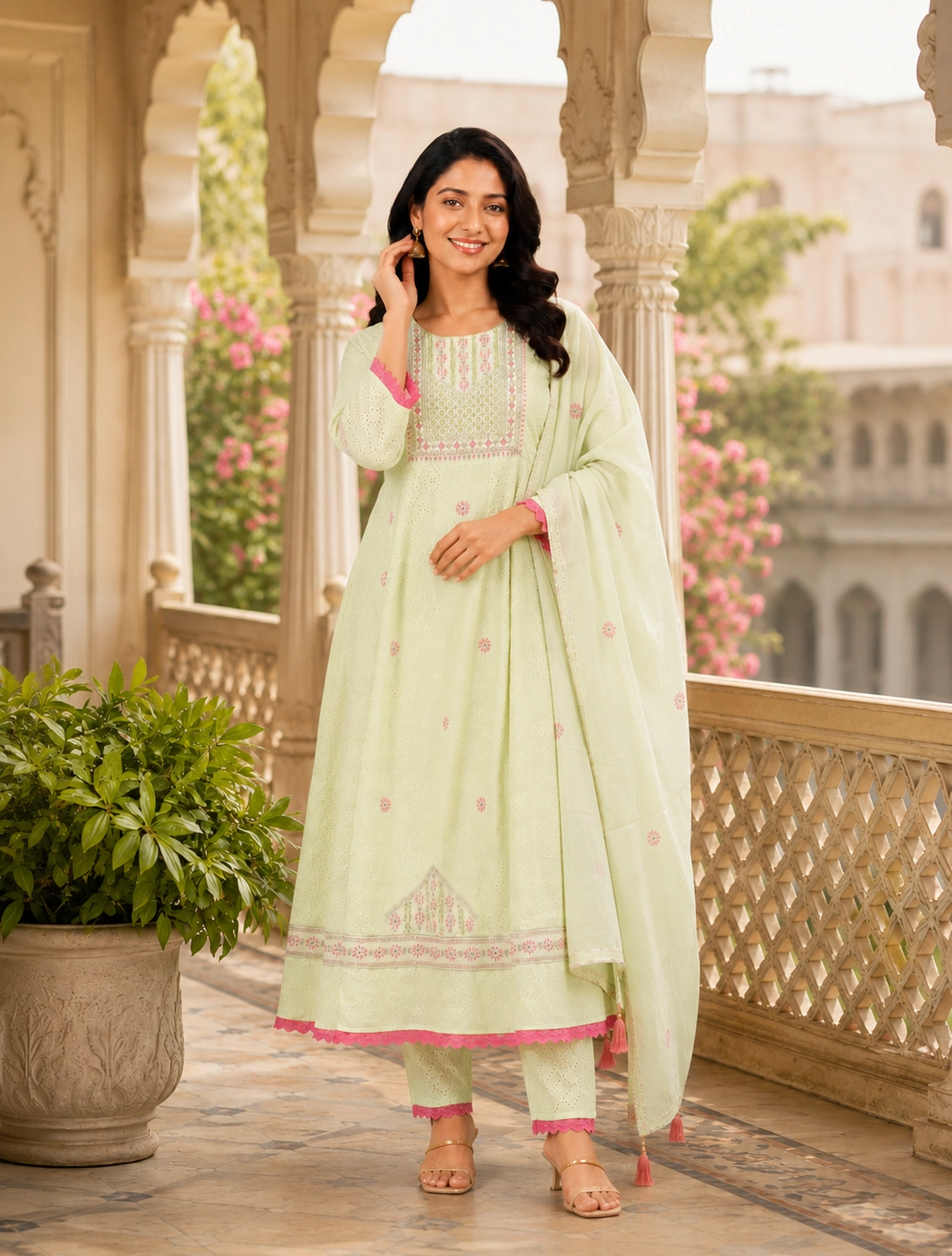 bhavini–Light-Yellow–Pink-Embroidered–Anarkali-Kurta-Set–Dupatta–Front-View–Heritage-Archway–Festive-Wear