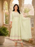 bhavini–Light-Yellow–Pink-Embroidered–Anarkali-Kurta-Set–Dupatta–Front-View–Heritage-Archway–Festive-Wear