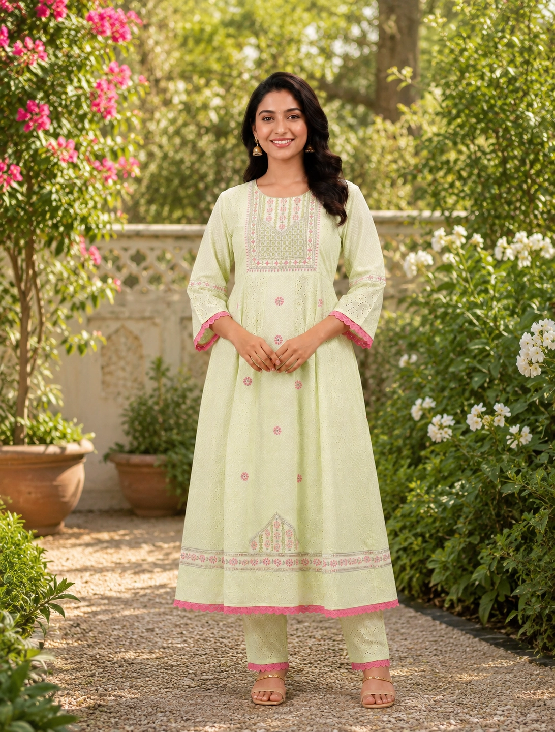 bhavini–Light-Yellow–Pink-Embroidered–Anarkali-Kurta-Set–Embroidered-Yoke–Front-View–Garden–Festive-Wear