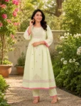 bhavini–Light-Yellow–Pink-Embroidered–Anarkali-Kurta-Set–Dupatta–Front-View–Heritage-Archway–Festive-Wear