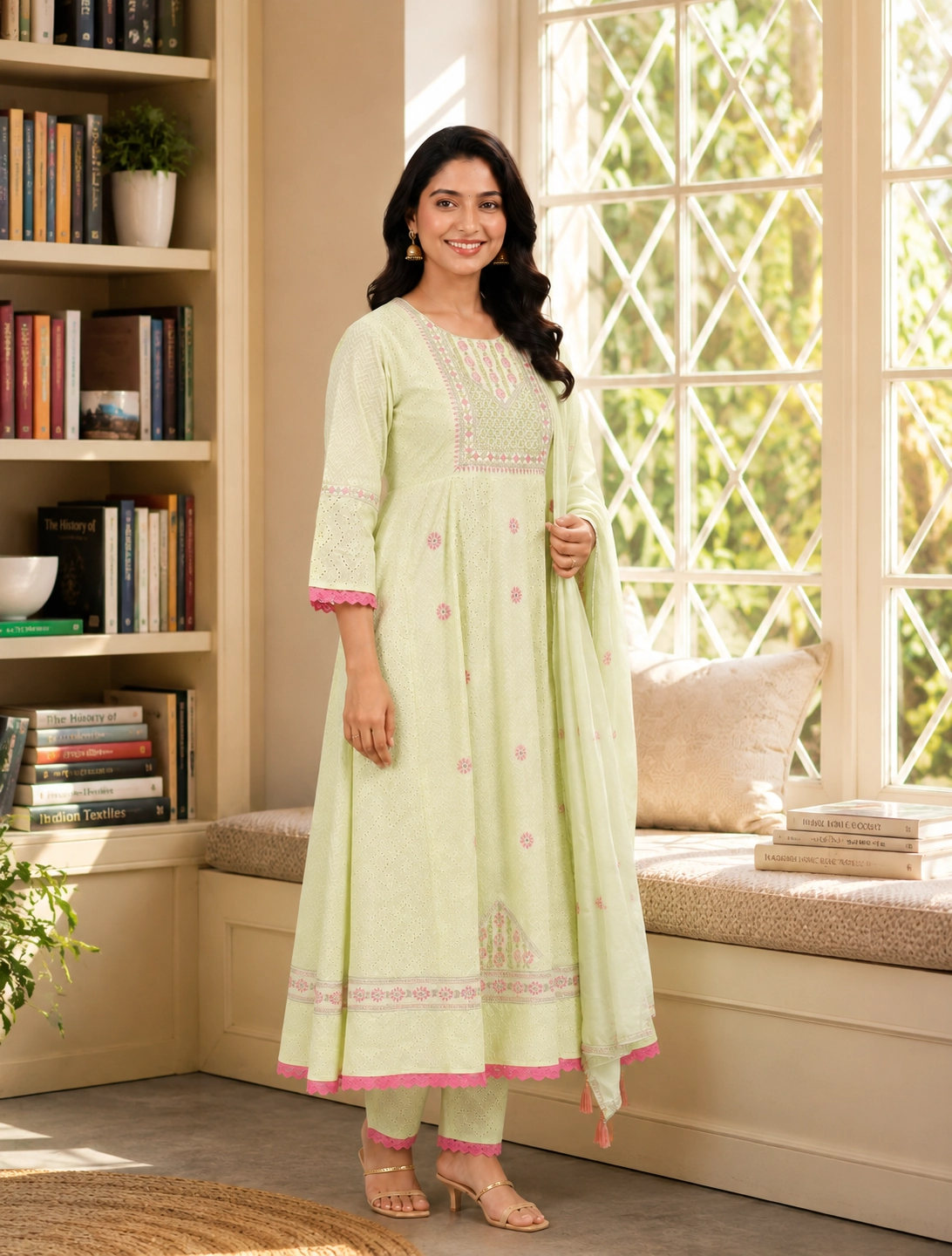 bhavini–Light-Yellow–Pink-Embroidered–Anarkali-Kurta-Set–Embroidered-Yoke–Three-Quarter-View–Indoor-Window–Festive-Wear