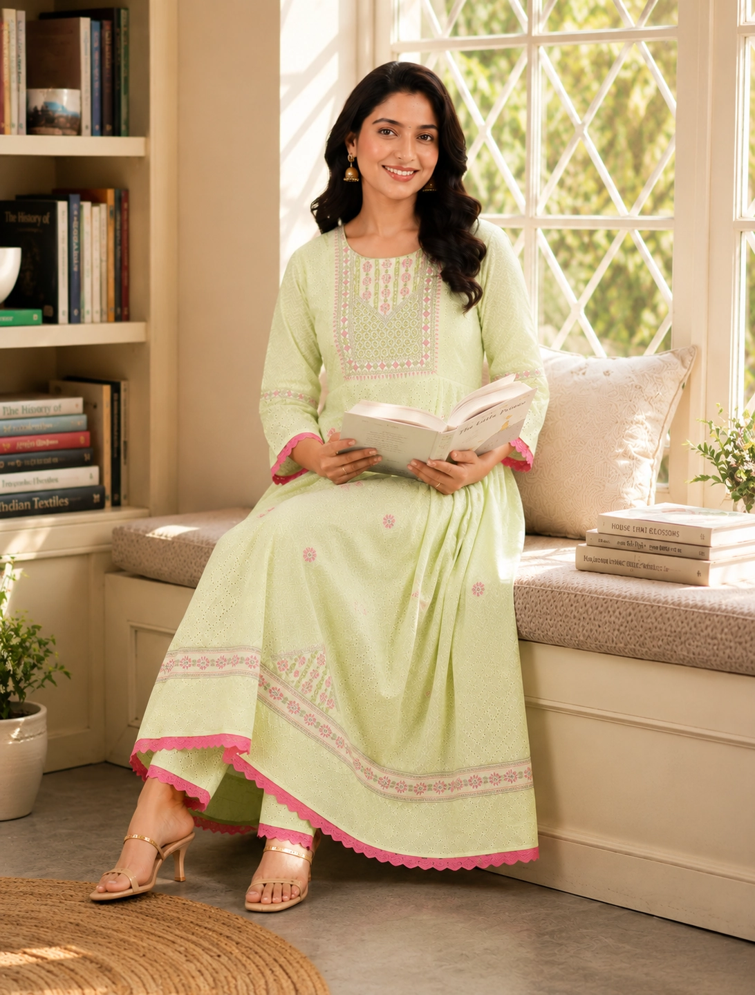 bhavini–Light-Yellow–Pink-Embroidered–Anarkali-Kurta-Set–Reading-Book–Seated-View–Indoor-Window–Lifestyle