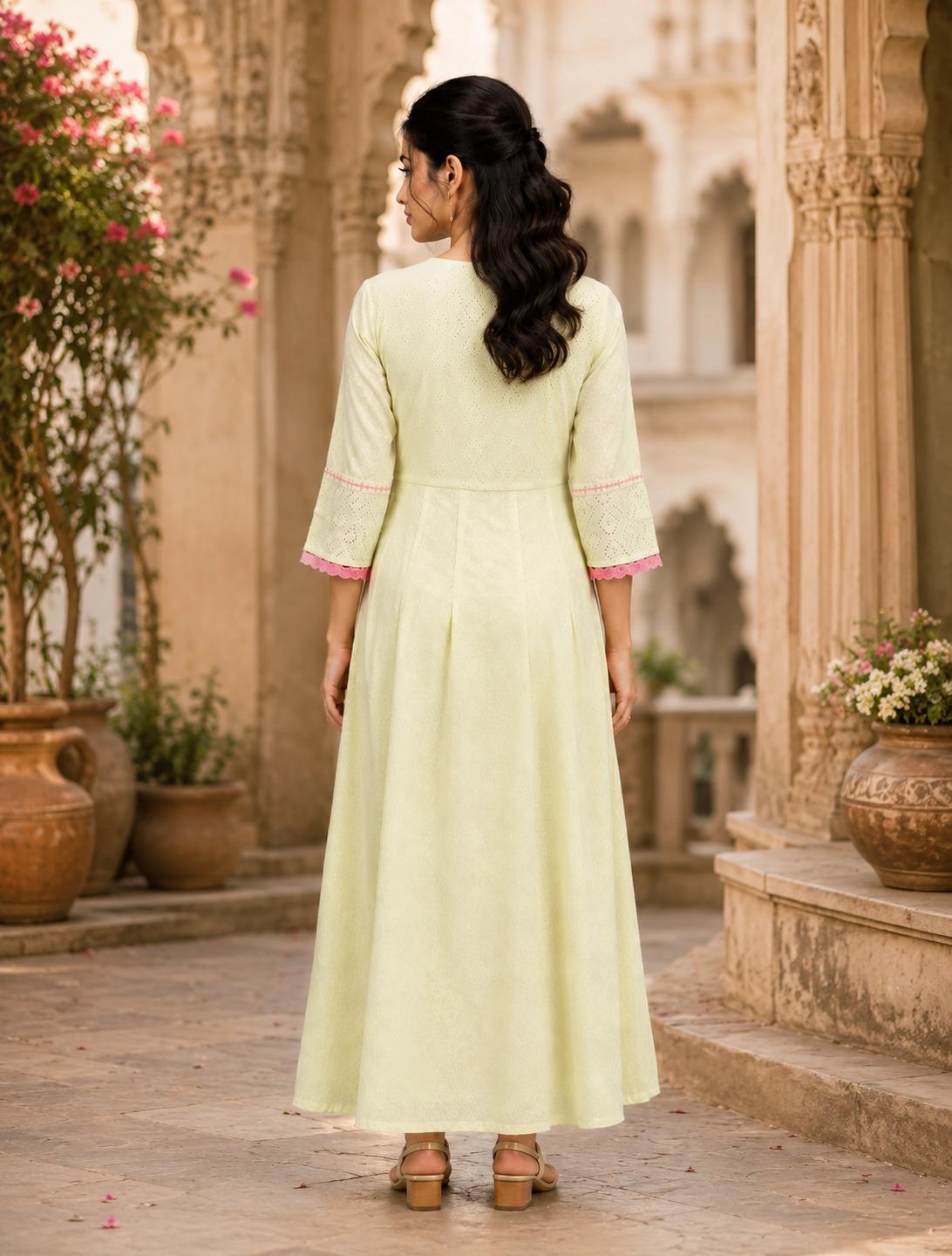 bhavini–Light-Yellow–Pink-Embroidered–Anarkali-Kurta–Back-View–Heritage-Courtyard–Festive-Wear