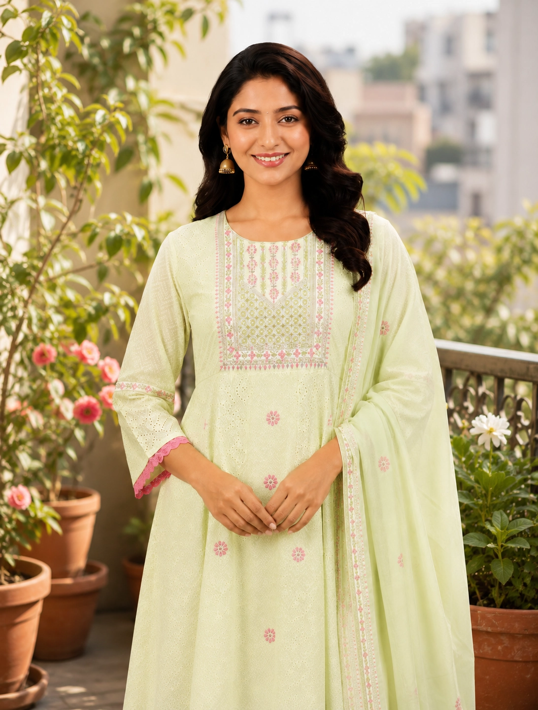 bhavini–Light-Yellow–Pink-Embroidered–Kurta-Set–Close-Up–Front-View–Garden-Balcony–Festive-Wear