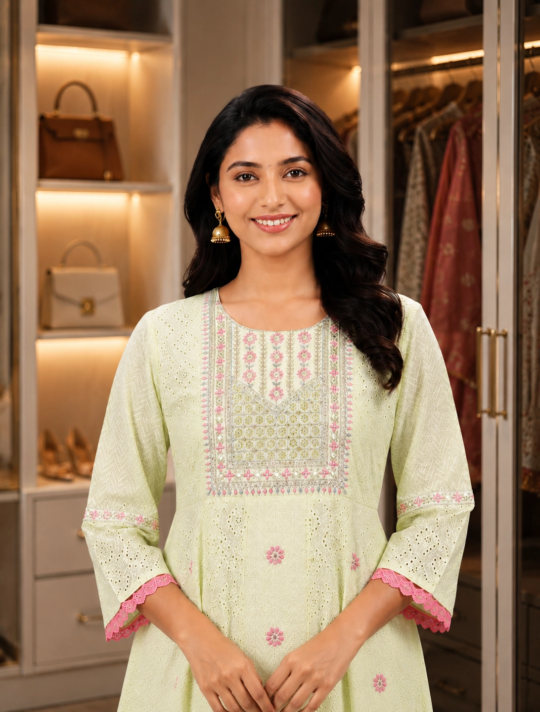 bhavini–Light-Yellow–Pink-Embroidered–Kurta–Close-Up–Front-View–Boutique-Interior–Product-Display