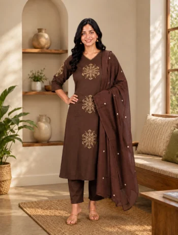 Chocolate Brown Embroidered Kurta Pant & Dupatta Set