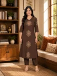 bhavini–chocolate-brown–beige-embroidered–kurta-set–floral-motif–front-view–cozy-home-interior–ethnic-occasion