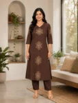 bhavini–chocolate-brown–beige-embroidered–kurta-set–floral-motif–front-view–cozy-home-interior–ethnic-occasion