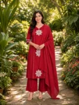 Red Floral Cotton Kurta Pant Dupatta Set for Women
