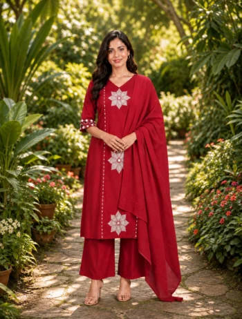 Red Floral Cotton Kurta Pant Dupatta Set for Women