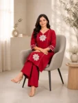 bhavini–crimson-red–floral-applique–kurta-set–dupatta-drape–front-view–garden-pathway–festive-wear