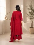 bhavini–crimson-red–floral-applique–kurta-set–dupatta-drape–front-view–garden-pathway–festive-wear