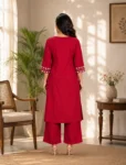 bhavini–crimson-red–floral-applique–kurta-set–dupatta-drape–front-view–garden-pathway–festive-wear