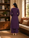 bhavini–deep-purple–white-embroidered–kurta-set–pin-tuck-button-placket–front-view–library-lounge–ethnic-casual