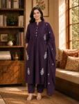 bhavini–deep-purple–white-embroidered–kurta-set–pin-tuck-button-placket–front-view–library-lounge–ethnic-casual