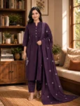 Deep Plum Embroidered 3-Piece Kurta Pant & Dupatta Set