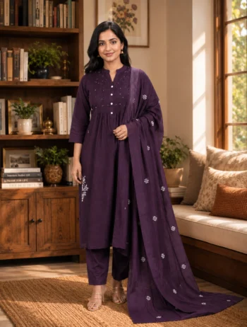 Deep Plum Embroidered 3-Piece Kurta Pant & Dupatta Set