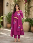 bhavini–magenta–multicolor-floral-print–kurta-set–printed-dupatta–front-view–balcony-garden–festive-daywear