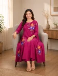 bhavini–magenta–multicolor-floral-print–kurta-set–printed-dupatta–front-view–balcony-garden–festive-daywear