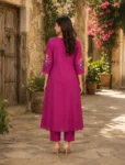 bhavini–magenta–multicolor-floral-print–kurta-set–printed-dupatta–front-view–balcony-garden–festive-daywear