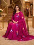bhavini–magenta–multicolor-floral-print–kurta-set–printed-dupatta–front-view–balcony-garden–festive-daywear
