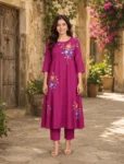 bhavini–magenta–multicolor-floral-print–kurta-set–printed-dupatta–front-view–balcony-garden–festive-daywear