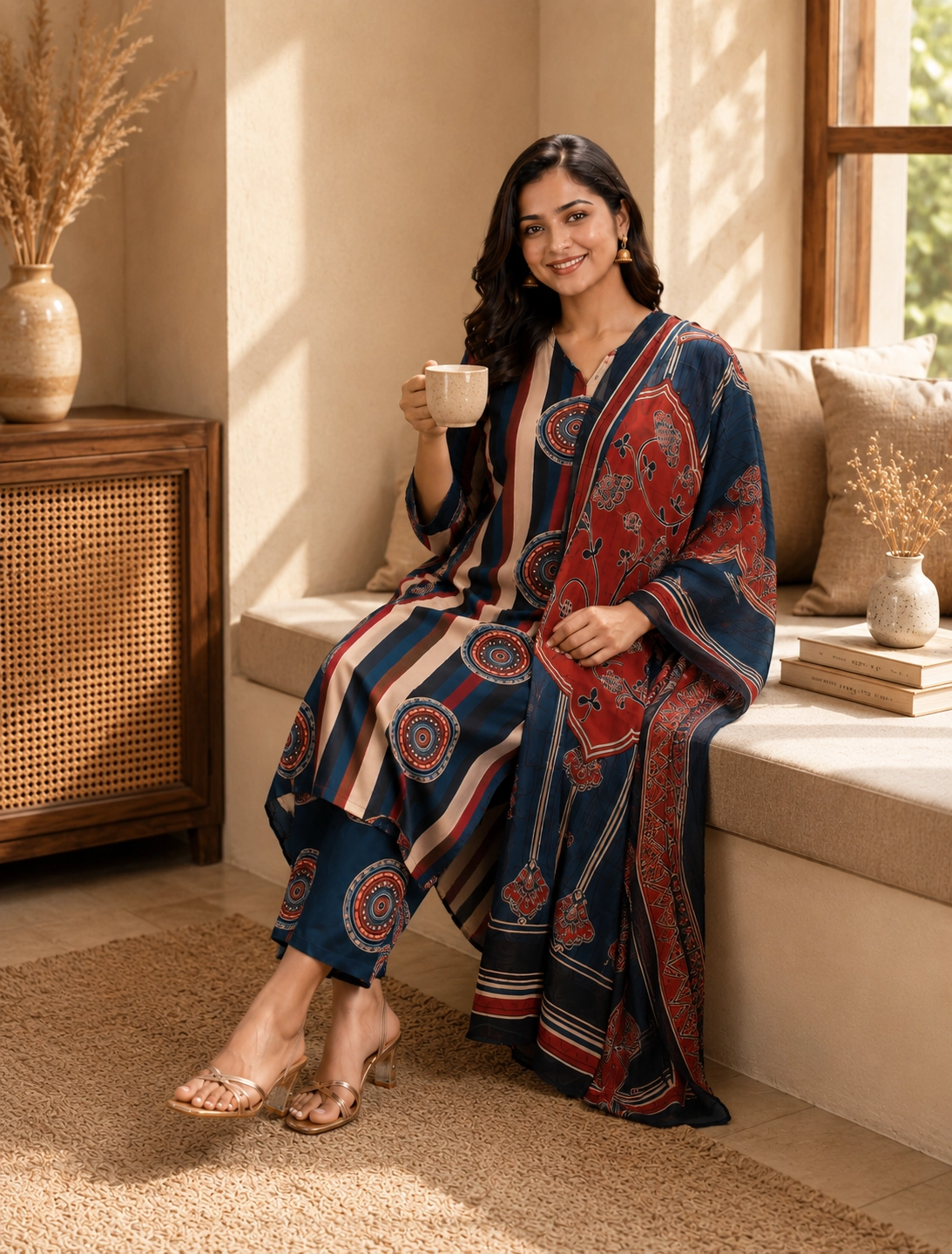 bhavini–navy-blue–rust-printed–kurta-set–coffee-cup-pose–window-seat-lounge–casual-lifestyle