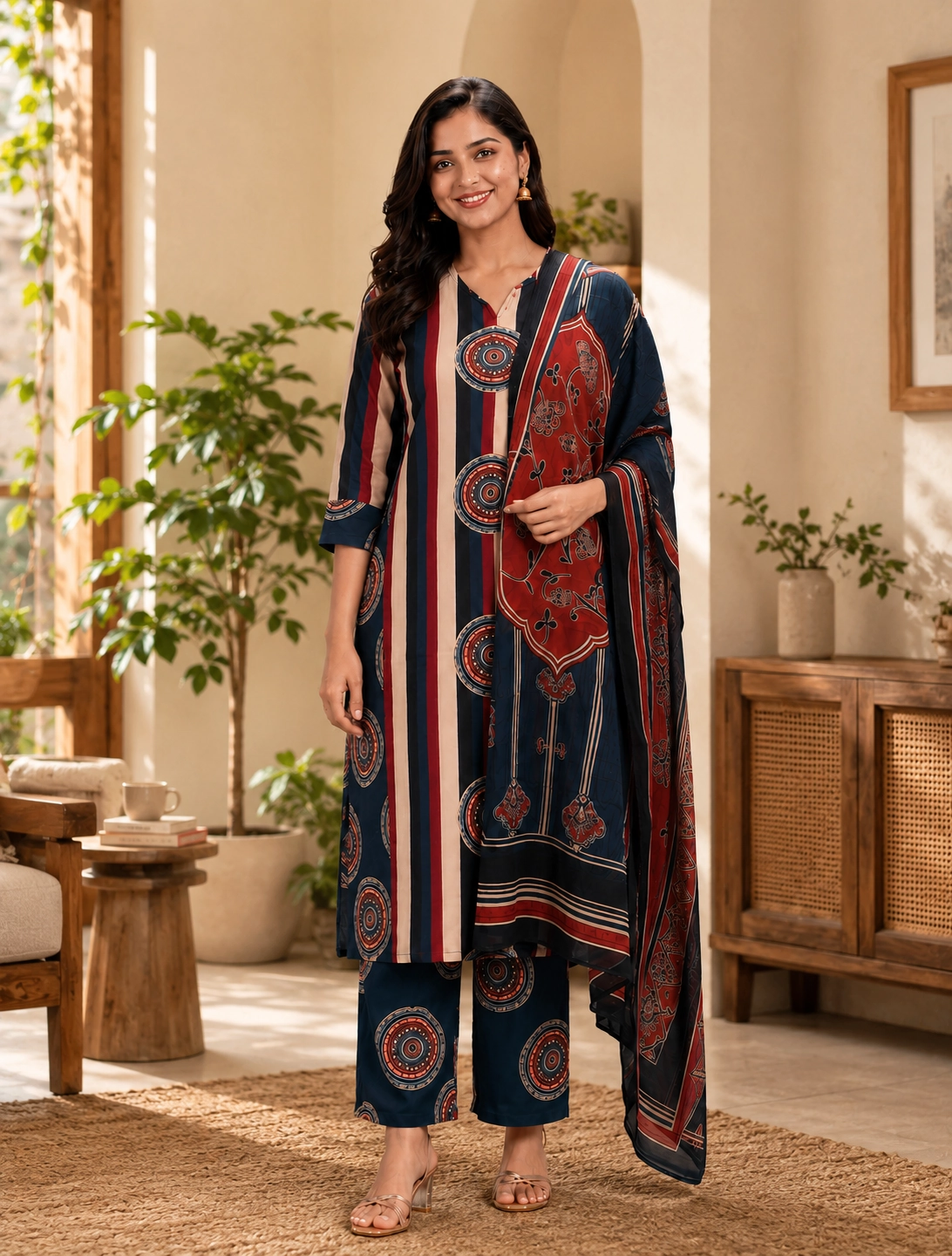 bhavini–navy-blue–rust-printed–kurta-set–dupatta-detail–front-view–home-lounge-with-plants–casual-lifestyle