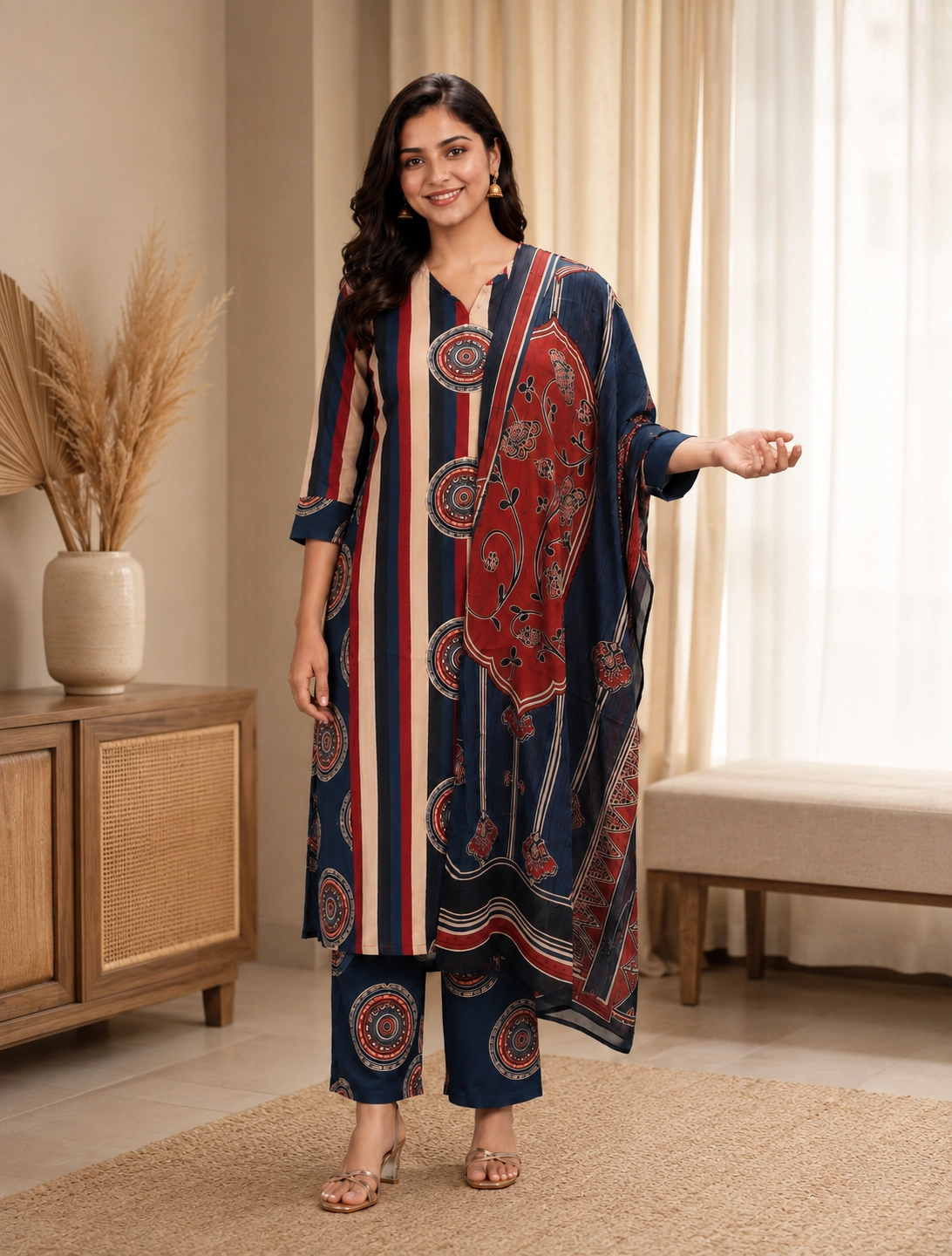 bhavini–navy-blue–rust-printed–kurta-set–dupatta-detail–front-view–light-filled-room–casual-occasion